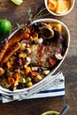 Dish healthy beef meat baked vegetables wooden table top view Royalty Free Stock Photo