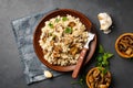 A dish of Italian cuisine - risotto from rice and mushrooms in a brown plate Royalty Free Stock Photo