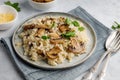 A dish of Italian cuisine - risotto from rice and mushrooms. Royalty Free Stock Photo