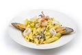 Dish of italian pasta with seafoods and bottarga, mediterranean food Royalty Free Stock Photo