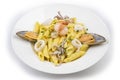 Dish of italian pasta with seafoods and bottarga, mediterranean food