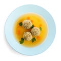 Dish of Jewish matzoh balls soup isolated on white Royalty Free Stock Photo