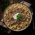 A dish known as Beef Stroganoff. Generative by AI Royalty Free Stock Photo