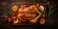 A dish with a large roast turkey stands on a wooden table