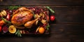 A dish with a large roast turkey stands on a wooden table