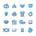 Dish line icon color set. Vector collection of household utensils with plate, bowl, cup, glass, wineglass, fork, spoon, knife