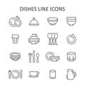 Dish line icon set. Vector collection of household utensils with plate, bowl, cup, glass, wineglass, fork, spoon, knife Royalty Free Stock Photo