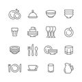 Dish line icon set. Vector collection of household utensils with plate, bowl, cup, glass, wineglass, fork, spoon, knife. Editable