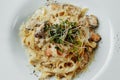 Dish of linguine allo scoglio, typical italian pasta with seafood, Mediterranean Cuisine