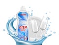 Dish liquid detergent. Water splashes, glasses, white plate vector illustration