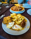 Typical meal from Malaga, Spain. ItÃÂ´s a combination plate fried potatoes, fried eggs, chorizo,black