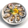 Dish with oysters, sliced lemon, ice