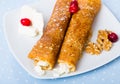 Dish of pancakes palachinki with filling from brynza and walnuts Royalty Free Stock Photo