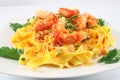 Dish with pasta fettuccine and crab meat