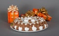 The dish with pie and is lot of gift boxes