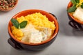 Dish of polenta with melted gorgonzola cheese Royalty Free Stock Photo