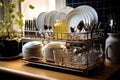 dish rack filled with clean, shiny dishes