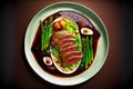 dish in restaurant slices fried duck with asparagus potatoes and peers in sauce