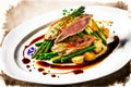 dish in restaurant slices fried duck with asparagus potatoes and peers in sauce