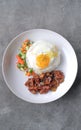 A Dish of Rice Bowl with Chicken Skin Mixed with Black Pepper Sauce.