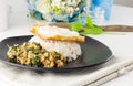 Dish of rice - egg and stir fried chiicken with basil Royalty Free Stock Photo