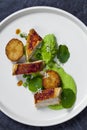 Roast chicken with fondant potatoes, pea mousse, pea puree, garlic flowers and nasturtium leaves Royalty Free Stock Photo