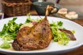 Dish with a roasted duck leg and green salad Royalty Free Stock Photo