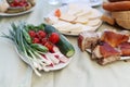 Dish with roasted young pigand vegetable salad. Food table background