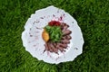 Dish salad with duck breast, pineapple and lettuce in a white plate