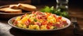 Plate of scrambled eggs with ham and tomatoes on a wooden table Royalty Free Stock Photo