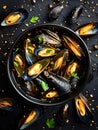 Seafood dish of mussels in parsley sauce on black background Royalty Free Stock Photo