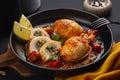 Dish with Sepia, calamari or Cuttlefish stuffed with swiss chard, bread crumbs