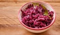 Dish of shredded boiled purple cabbage