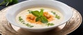 A dish of shrimp soup garnished with mint leaves in serveware