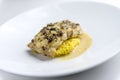 Dish with slice of monkfish and olives lemon on saffron rice Royalty Free Stock Photo