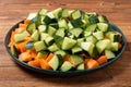 a dish with small pieces fresh cut cucumber and carrot