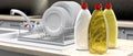 Dish soap liquid detergent containers in plastic bottles on kittchen dish rack background. 3d illustration