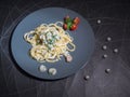 Dish of Spaghetti Carbonara Shrimp on wood background Royalty Free Stock Photo