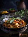 A dish of steaming beef and vegetable curry fragrant with curry leaves and fresh herbs.. AI generation Royalty Free Stock Photo