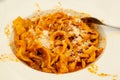 The dish tagliatelle al ragu with parmesan cheese - typical italian food