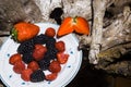 Dish on trunk of red fruits like strawberries, blackberries and raspberries