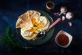 Turkish poached eggs Cilbir Royalty Free Stock Photo