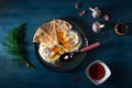 Turkish poached eggs Cilbir Royalty Free Stock Photo