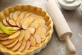 Dish with uncooked apple pie on table