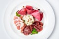 Dish of various types of meat-cutting on plate. Royalty Free Stock Photo