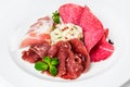 Dish of various types of meat-cutting on plate. Royalty Free Stock Photo
