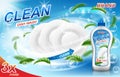 Dish wash soap ads. Realistic dishwashing packaging with detergent gel design and mint leaves. Liquid soap advertisement Royalty Free Stock Photo