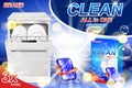 Dish wash soap ads. Realistic plastic dishwashing packaging with detergent gel advertising poster. Liquid soap tablets Royalty Free Stock Photo