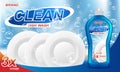 Dish wash soap ads. Realistic plastic dishwashing packaging with detergent gel design. Liquid soap with white clean Royalty Free Stock Photo