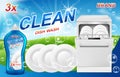 Dish wash soap ads. Realistic plastic packaging with detergent gel design. Liquid soap with clean white bowls, plates Royalty Free Stock Photo